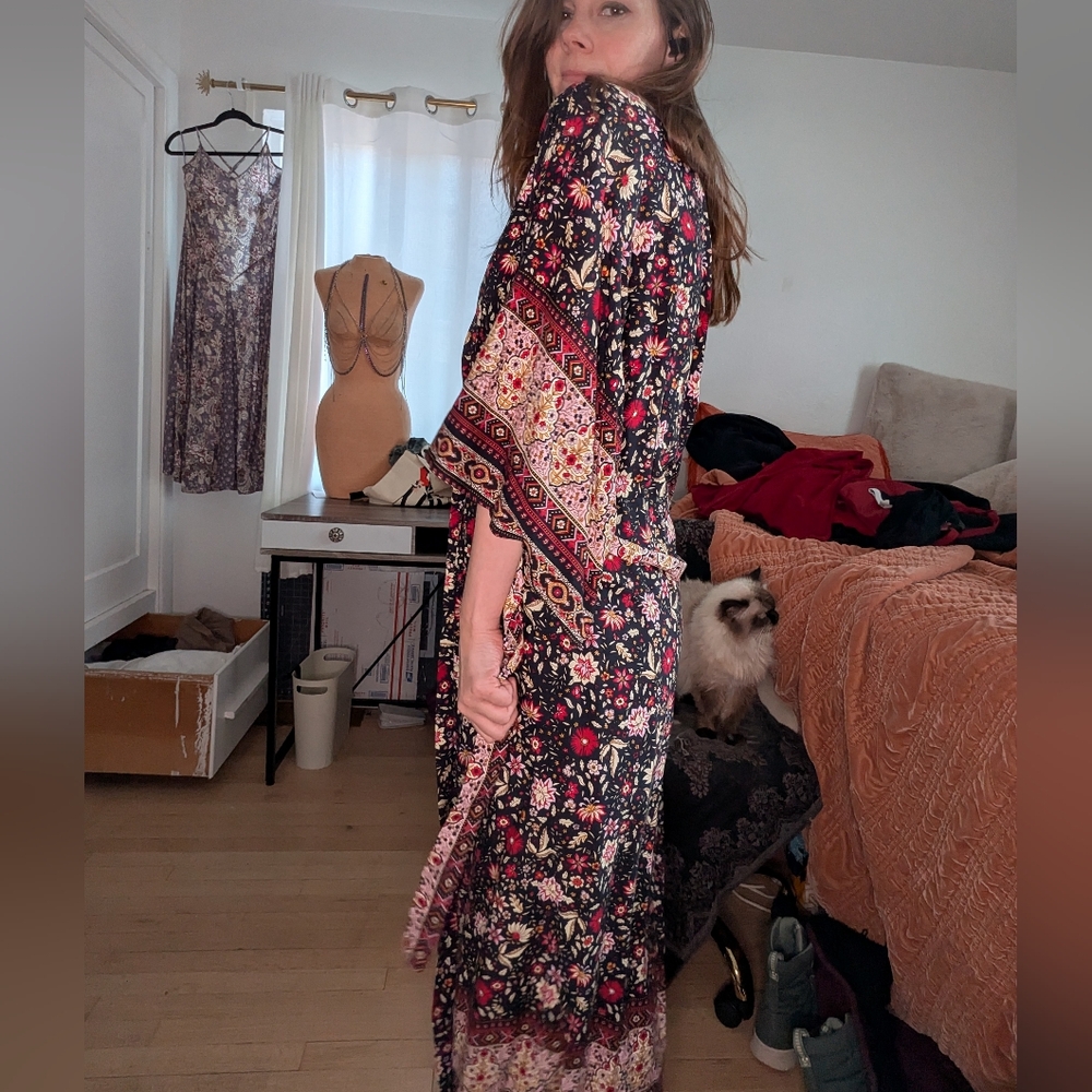 Full Length Floral Black Kimono Robe
